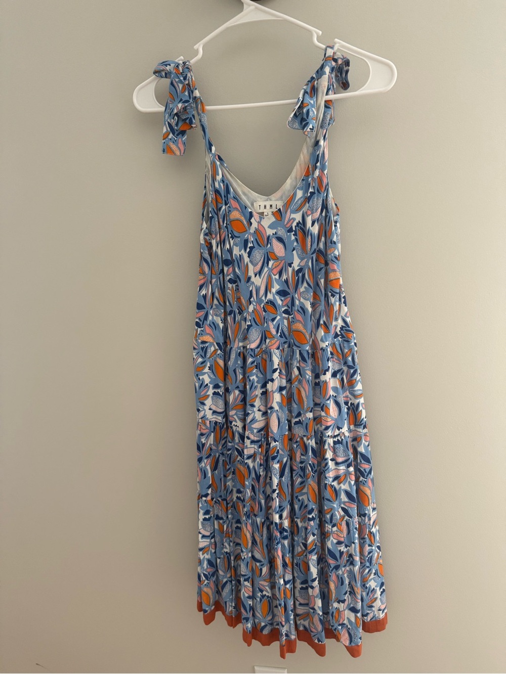 THML Blue Floral Print Tie-Shoulder Dress with Orange Accents